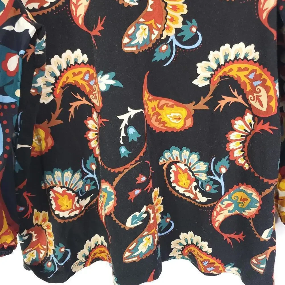 Chicos Top Womens Large Size 2 Dark Colorful Paisley Stretchy Elastic Sleeve Hem